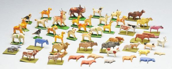 Lot of Wood and Papier-Mache Animals.: Description 26 animals stamped India on base (some paint wear). 30 animals in pairs, probably German for use with a Noah's Ark set. Condition (Good - Excellent). Size Largest: 1 - 1 / 2" T.