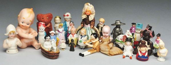 Lot of Vintage Miniature Dolls & Accessories.: Description All original French Celluloid; jointed teddy bear; 4 china doll house figurines; 4 Japan all-bisques; 4 German all-bisque immobile dolls; pink bisque German baby; black Japan baby; frozen