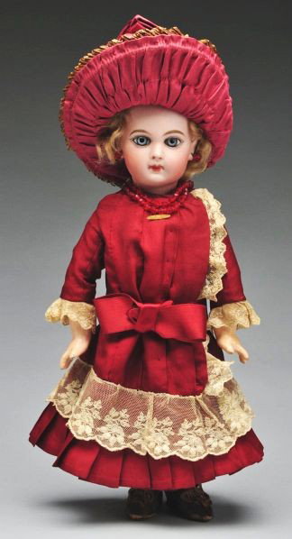 Stunning Early Jumeau Bébé Doll.: Description Beautiful creamy French bisque socket head incised Depose E 5 J for Emile Jumeau. Beautiful almond-shaped eyes with threaded irises, painted upper and lower eyelashes, black eyeliner, mult