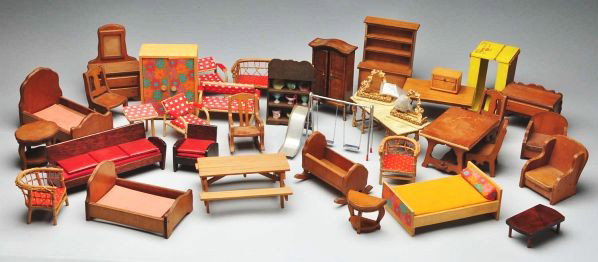 Large Lot of Doll House Furniture.: Description 14 pieces of wood furniture, some marked Wanner; parlor set, wicker seven-piece set; three pieces fancy metal with marble top table and wall tables, with a few other miscellaneous pieces, 