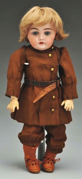 Kestner Character Doll.: Description German bisque socket head by Kestner, size B6, 143 mold, but unmarked, plaster pate, replaced human hair wig, multistroked eyebrows, open mouth with upper teeth; Kestner jointed compositio
