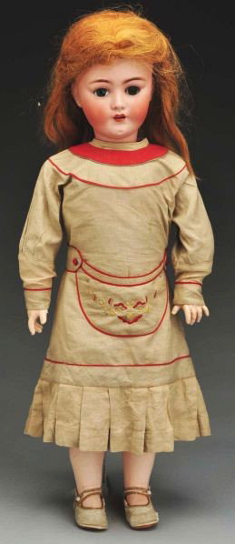 Large Franz Schmidt Child Doll.: Description German bisque socket head incised "S & C" with molded multistroked eyebrows, stationary eyes with replaced upper eyelashes, open mouth with teeth, pierced ears, replaced human hair wig; jo