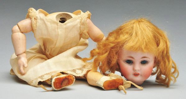 Kestner 143 Child Doll.: Description German bisque socket head incised "f made in Germany 2/0 143." (large piece broken from side needs to be glued, features not affected), multistroked eyebrows, blue sleeping eyes (need to b