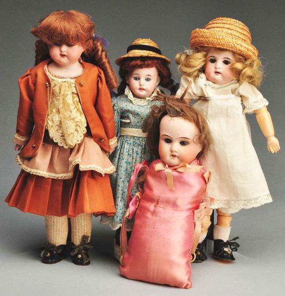 Lot of 4: Small Bisque Head Dolls.: Description Lot consists of one socket head doll on fully jointed body, incised "A.S. 3/0" on back of head; other three are shoulder head dolls with glass eyes, two on cloth bodies with bisque forearm