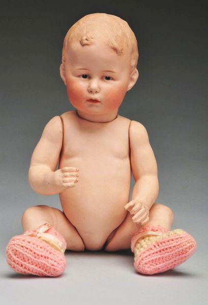Rare Heubach Pouty Character Baby Doll.: Description German bisque socket head with Gebr. Heubach sunburst mark and mold 7760. Solid dome head with molded and painted hair, tapered 1-stroke eyebrows, intaglio eyes with white dot highlight, b