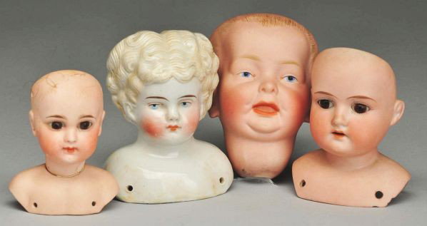 Lot of 4: Antique Doll Heads.: Description 1880s Kling 136 china head with light blonde hair, exposed ears, painted features; Fritz Bierschenk character baby head incised "F 1 B" (small rub on back hair); Wilhem Dehler child head w