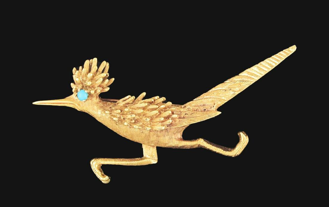 18K GOLD GREOR ROADRUNNER PIN W/TURQUOISE EYE. (1 of 5)