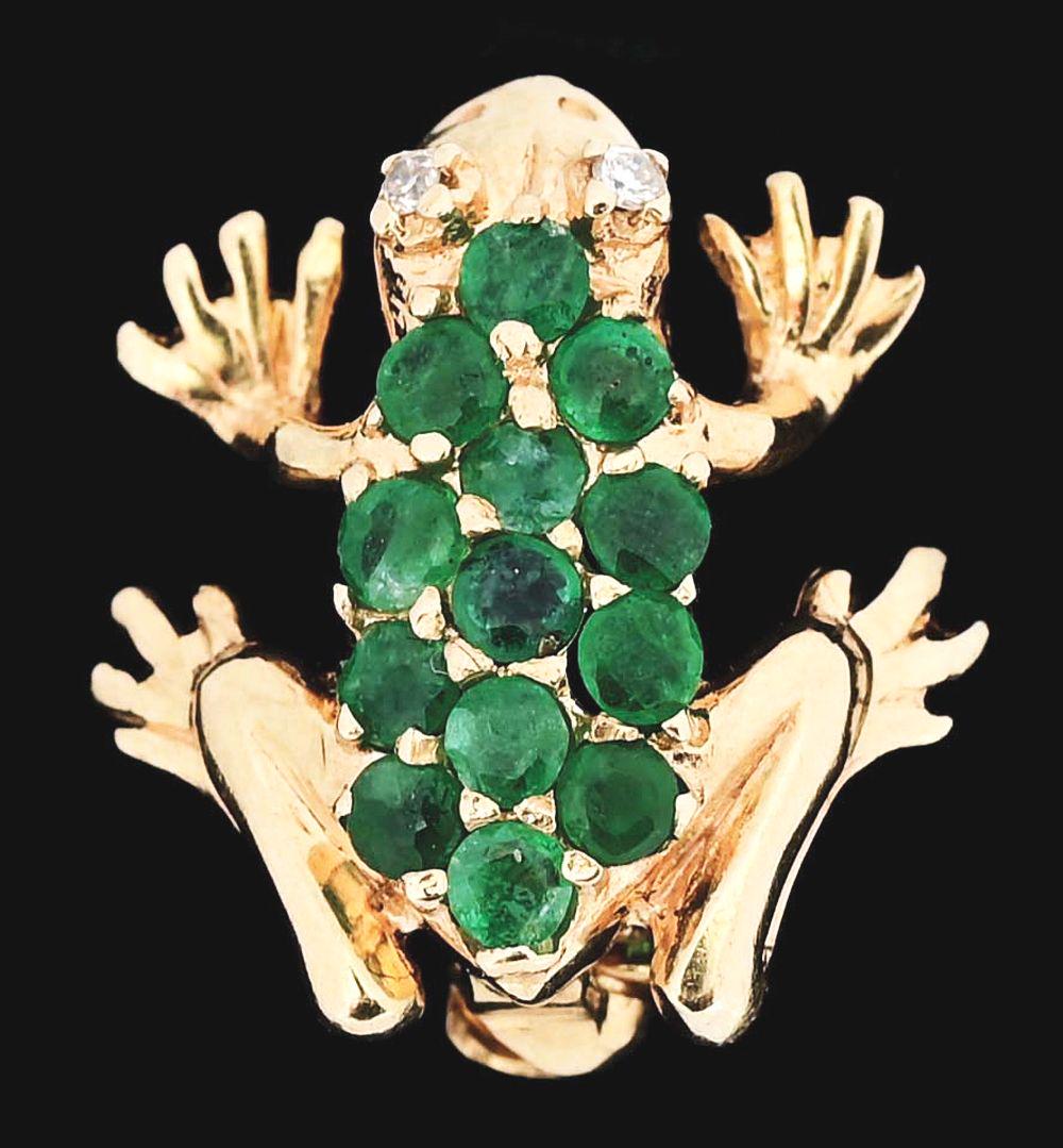 14K GOLD EMERALD & DIAMOND FROG PIN. (1 of 6)