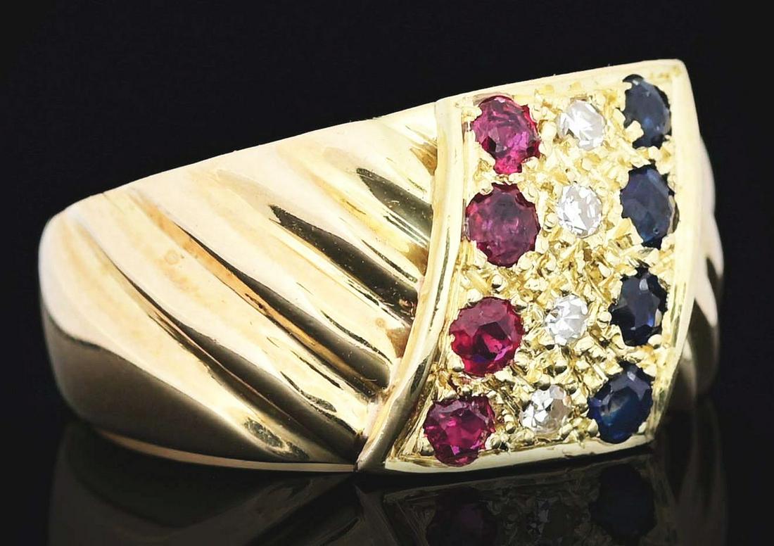 LADIES' 18K GOLD RUBY, SAPPHIRE & DIAMOND DOME RING. (1 of 5)