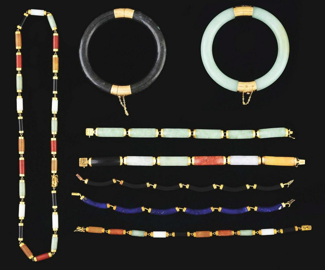 LOT OF 8: 14K GOLD JADE & STONE JEWELRY ITEMS. (1 of 1)