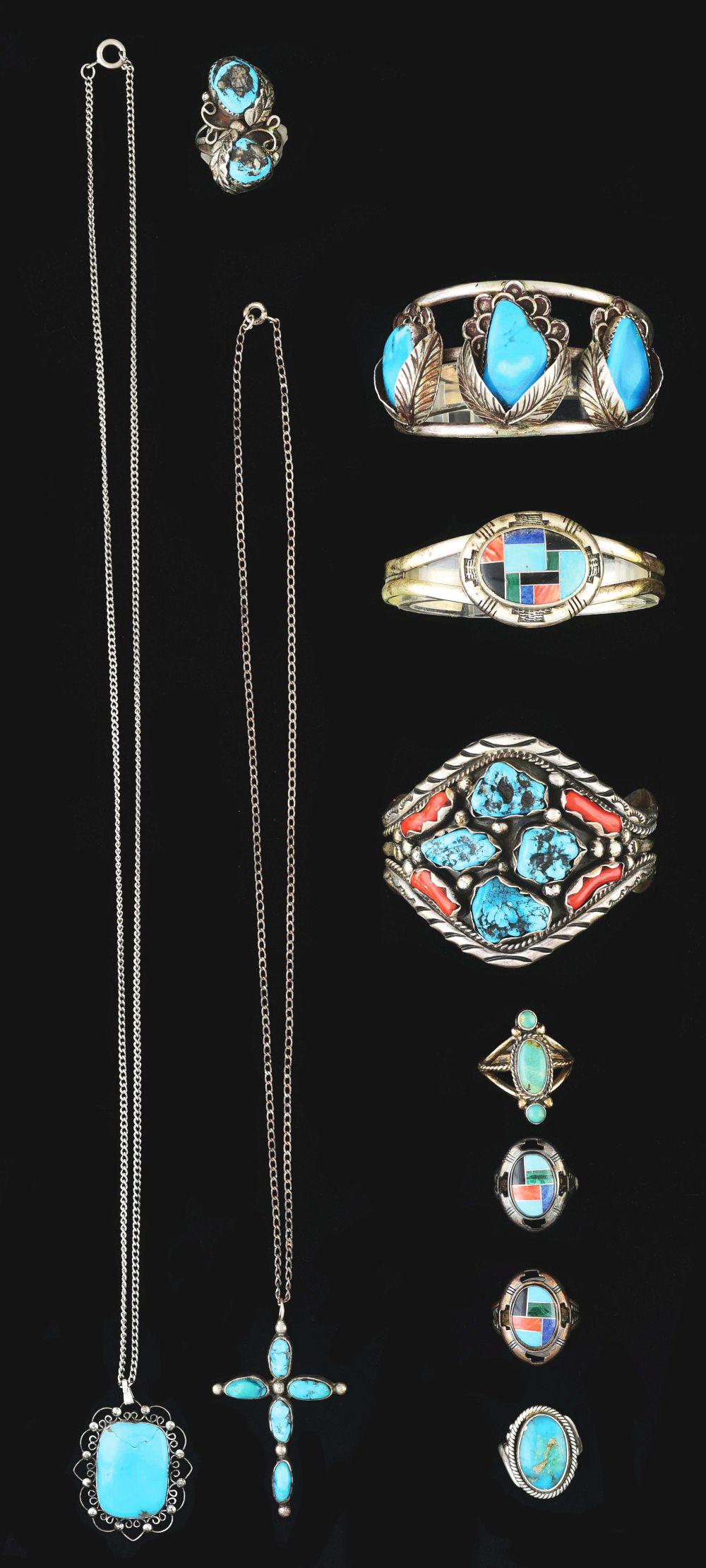 LOT OF 10: TURQUOISE AND STERLING SILVER JEWELRY ITEMS. (1 of 1)