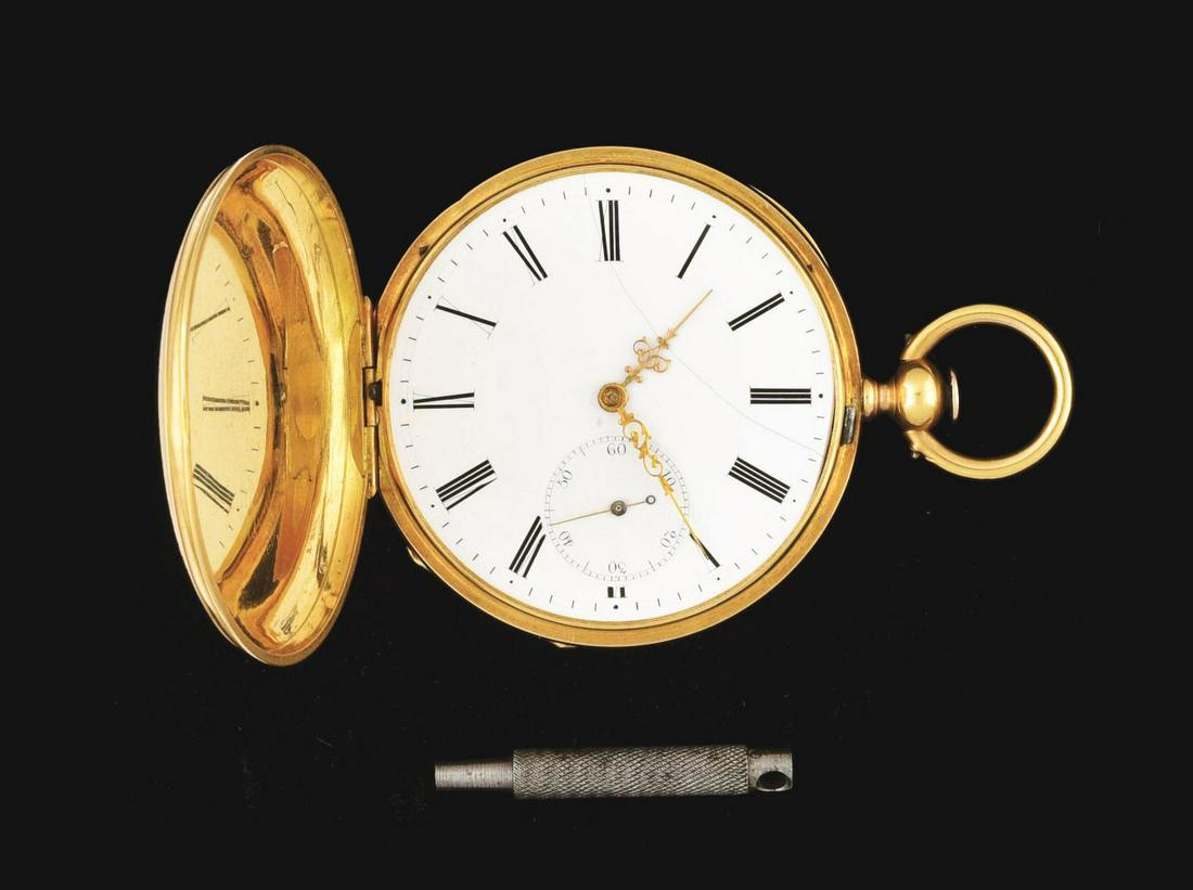 18K YELLOW GOLD SWISS H/C POCKET WATCH W/ KEY. (1 of 12)