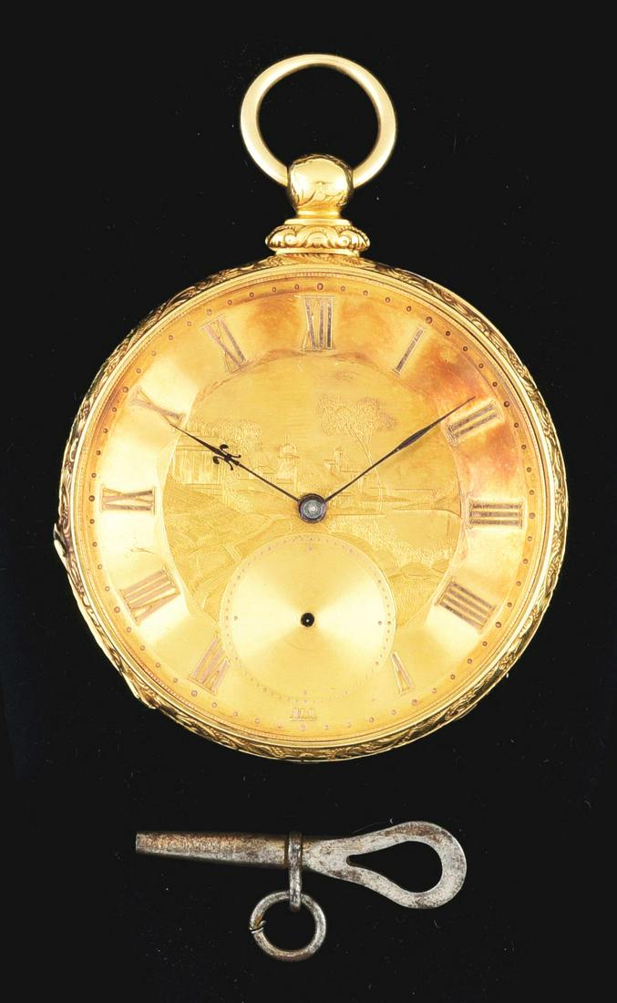 18K YELLOW GOLD M. I. TOBIAS & CO. ENGLISH O/F ENGRAVED POCKET WATCH W/KEY. (1 of 1)