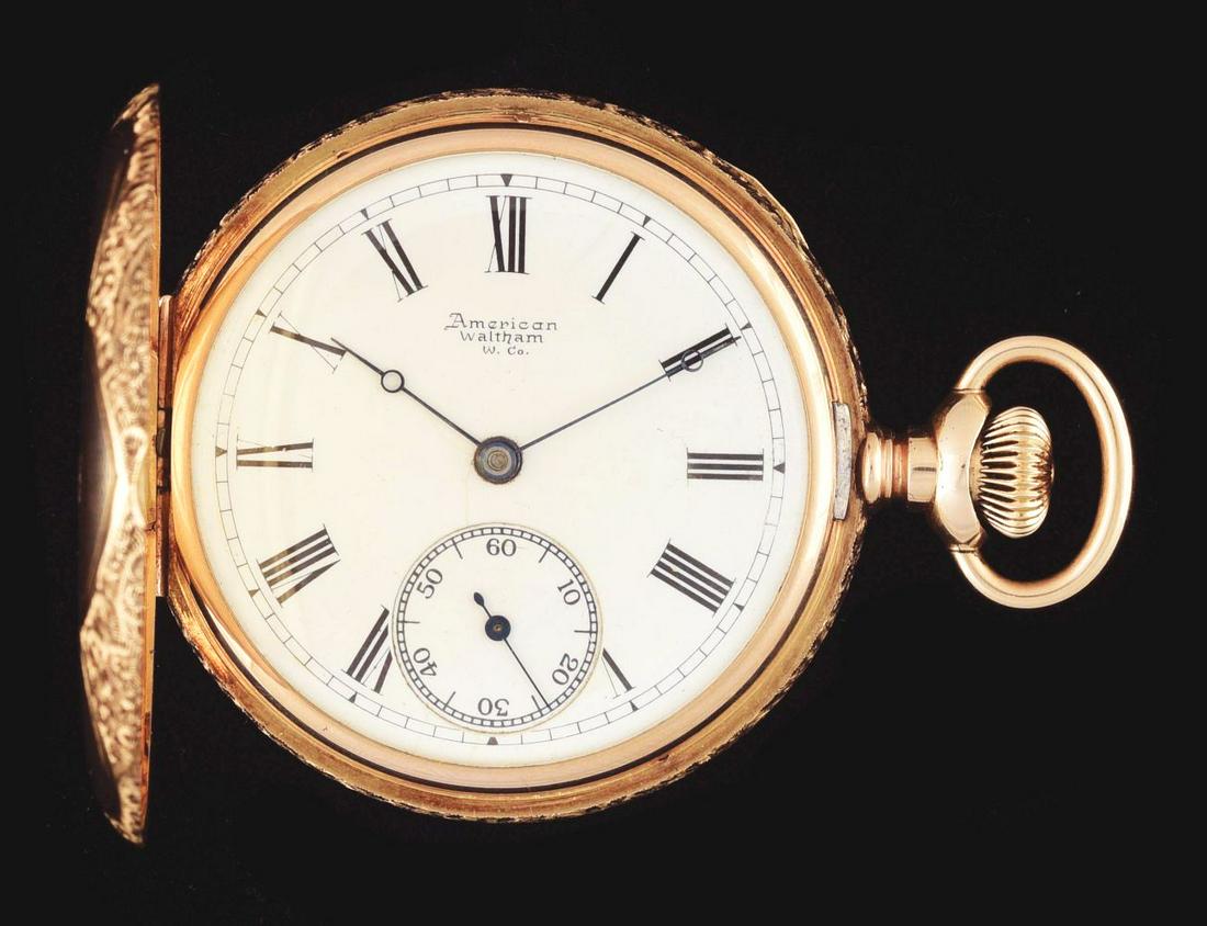 14K GOLD AMERICAN WALTHAM ENGRAVED H/C POCKET WATCH. (1 of 9)