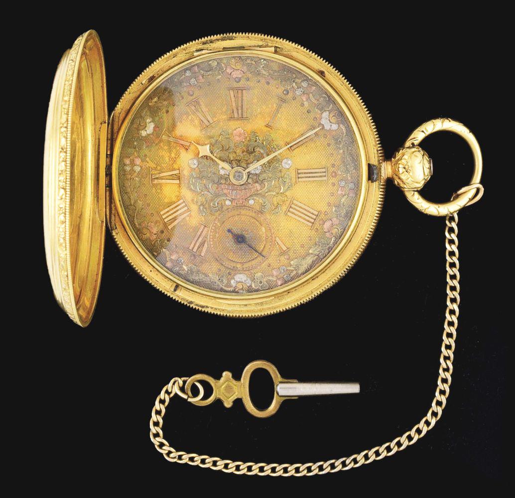 18K GOLD M.I. TOBIAS ENGLISH HUNTING CASED FUSEE POCKET WATCH W/KEY & CHAIN. (1 of 6)