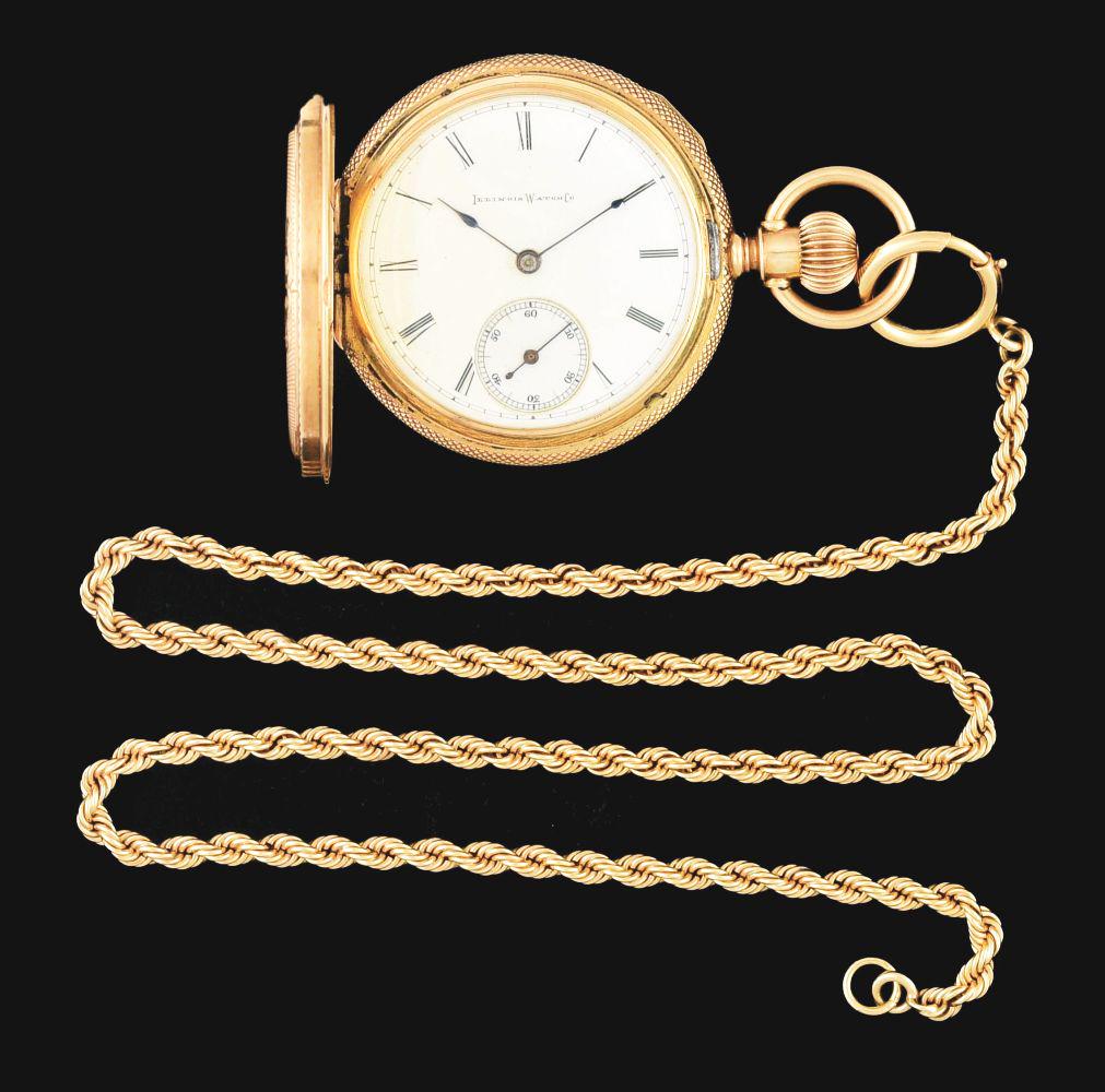 14K GOLD ILLINOIS WATCH CO. H/C POCKET WATCH & ROPE CHAIN. (1 of 10)