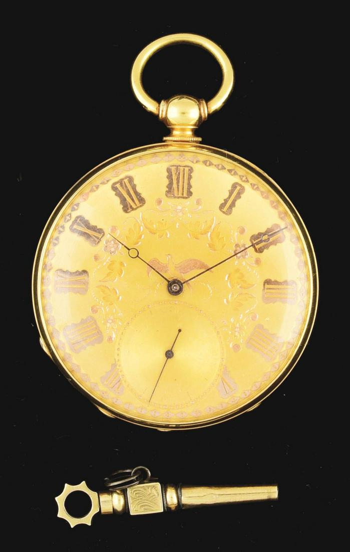 18K GOLD HENRY LAVIGNE SWISS O/F POCKET WATCH BOXED W/DIAL & KEY. (1 of 1)