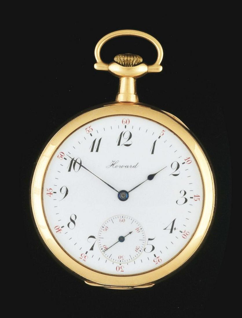14K GOLD E. HOWARD O/F POCKET WATCH W/ ORIGINAL WOODEN BOX. (1 of 1)