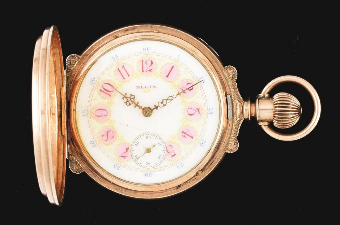 18K PINK GOLD ELGIN BOX HINGE HUNTING CASE POCKET WATCH W/ STAG. (1 of 4)