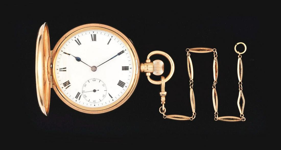 9K GOLD ENGLISH DEMI-HUNTER 15J POCKET WATCH W/ CHAIN, RUNNING. (1 of 4)