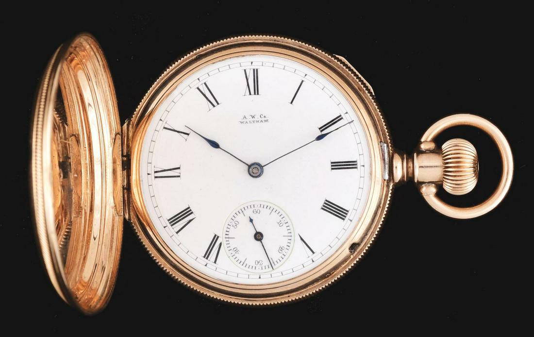 14K GOLD AMERICAN WALTHAM HUNTING CASE POCKET WATCH. (1 of 5)
