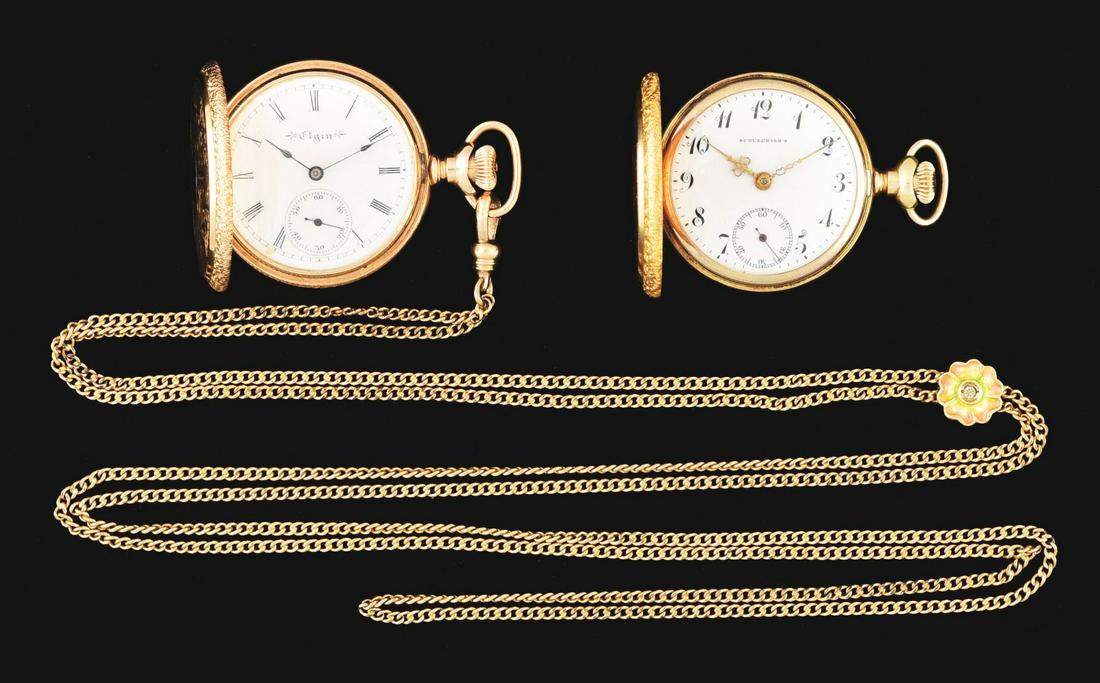 LOT OF 2: 14K GOLD H/C PENDANT WATCHES WITH CHAIN. (1 of 3)