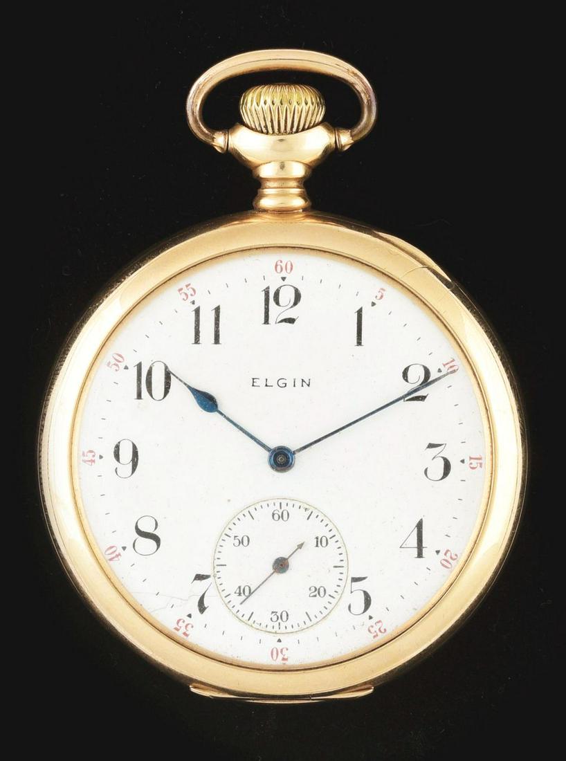 14K GOLD ELGIN OPEN FACE POCKET WATCH. (1 of 4)