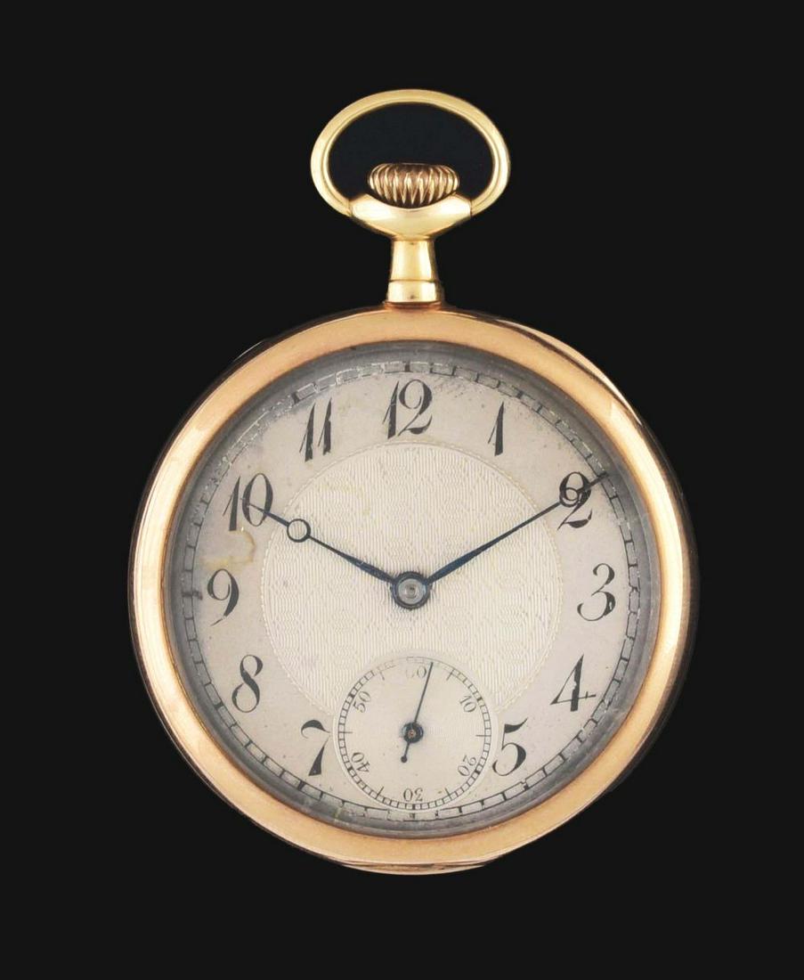 14K GOLD SWISS OPEN FACE POCKET WATCH. (1 of 2)