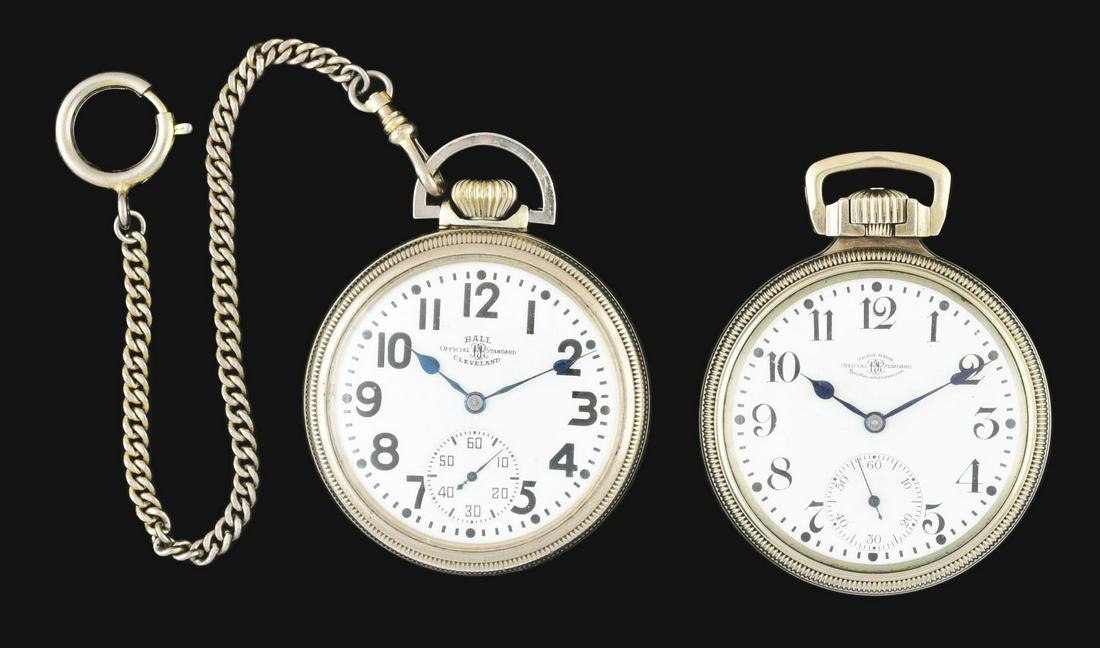 LOT OF 2: BALL OFFICIAL RR STANDARD SILVER/WHITE TONE O/F POCKET WATCHES. (1 of 2)