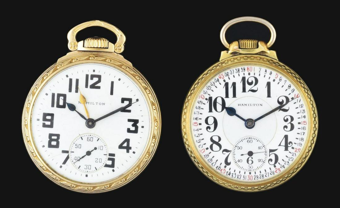 LOT OF 2: HAMILTON 992 GOLD FILLED RR GRADE O/F POCKET WATCHES. (1 of 2)