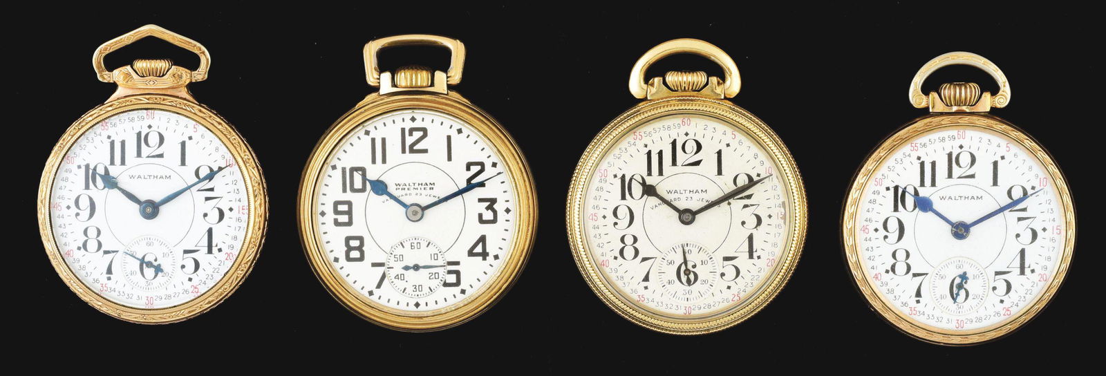 LOT OF 4: WALTHAM GOLD FILLED MODEL 1908 RR GRADE O/F POCKET WATCHES. (1 of 2)