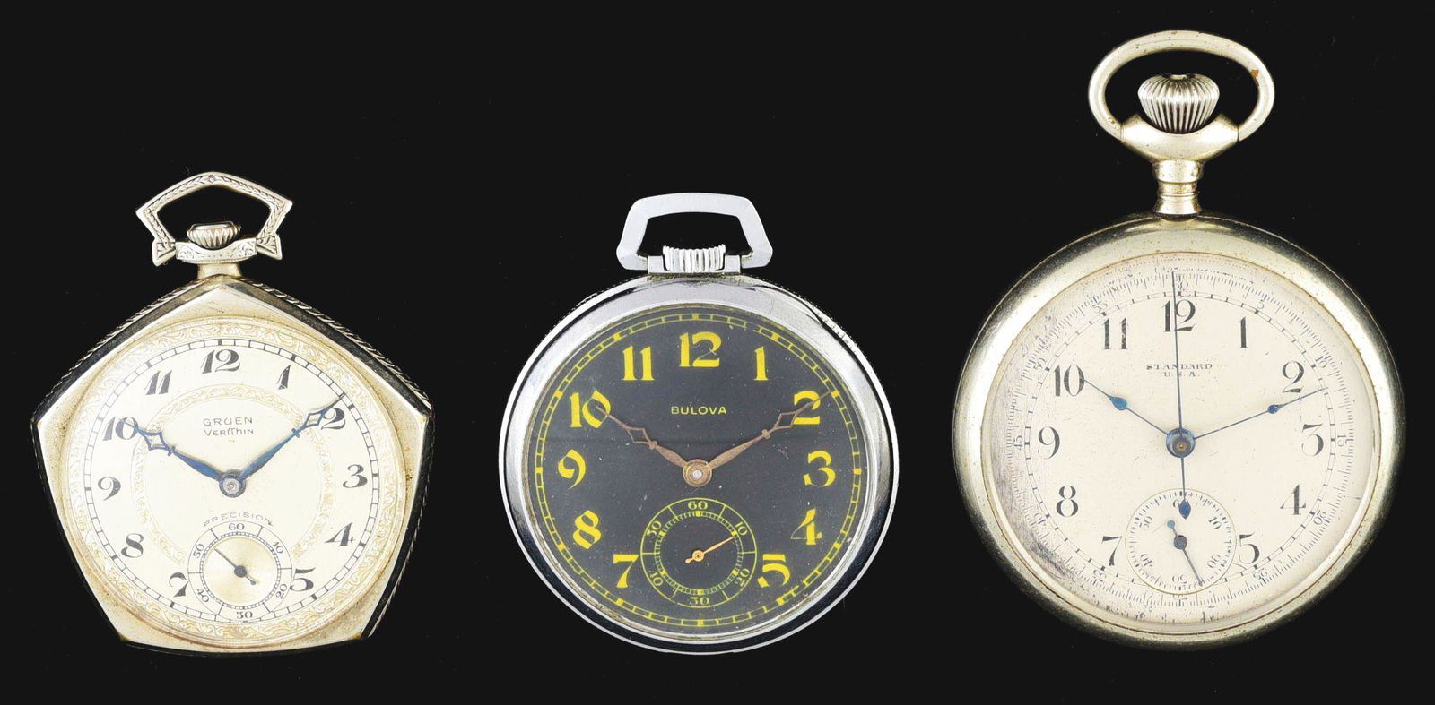 LOT OF 3: SILVER TONE O/F POCKET WATCHES, GRUEN, BULOVA & STANDARD. (1 of 2)