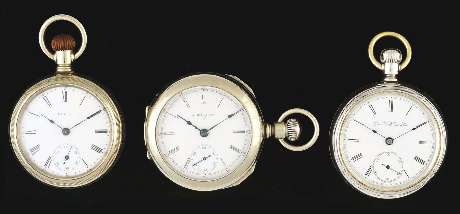 LOT OF 3: ELGIN NATIONAL WATCH CO O/F LOCOMOTIVE POCKET WATCHES. (1 of 2)