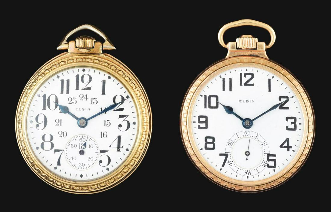 LOT OF 2: ELGIN GOLD FILLED 21J RR GRADE O/F POCKET WATCHES. (1 of 2)