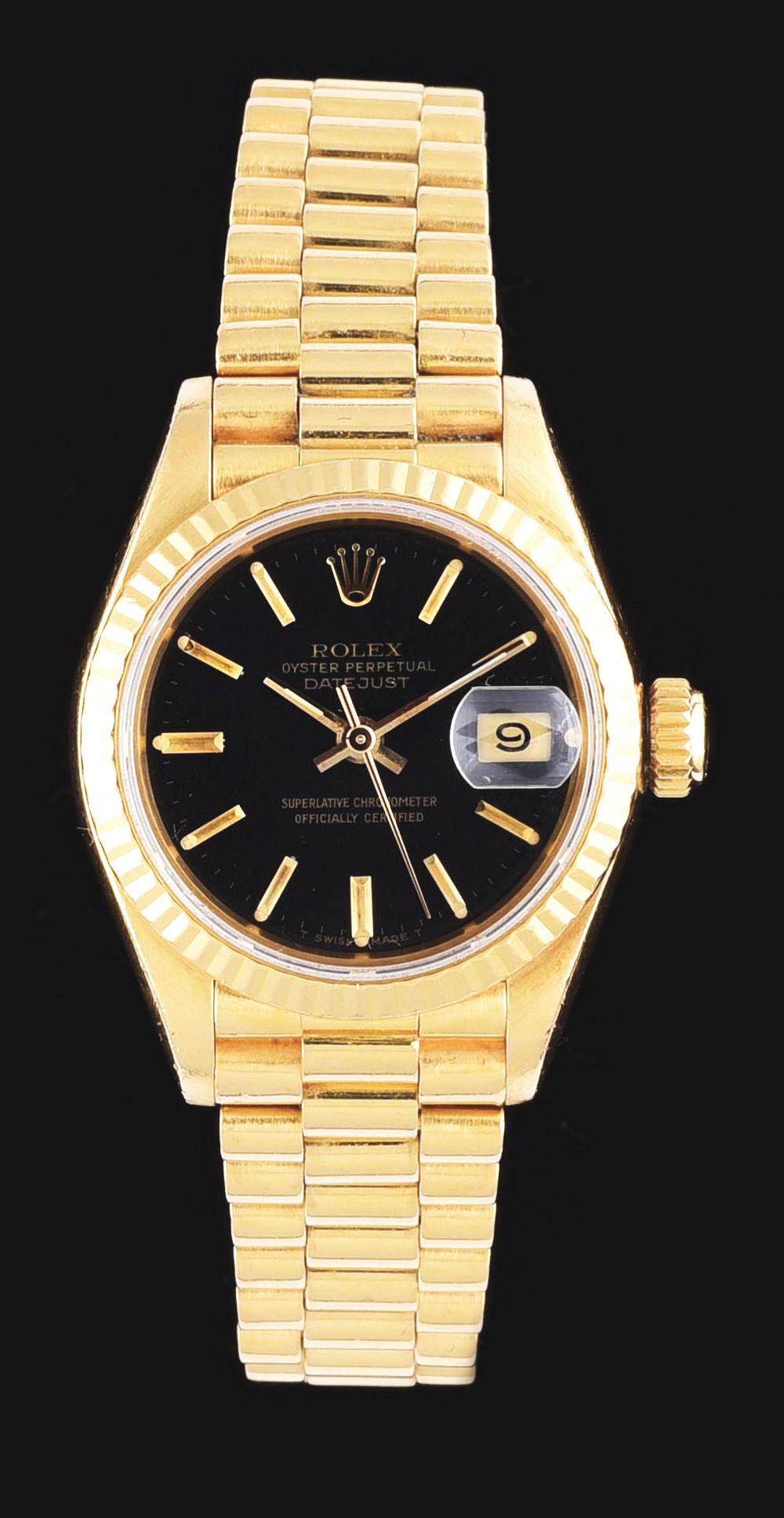 LADY'S 18K GOLD ROLEX PRESIDENT DATEJUST BLACK DIAL, REF. 69178. (1 of 5)