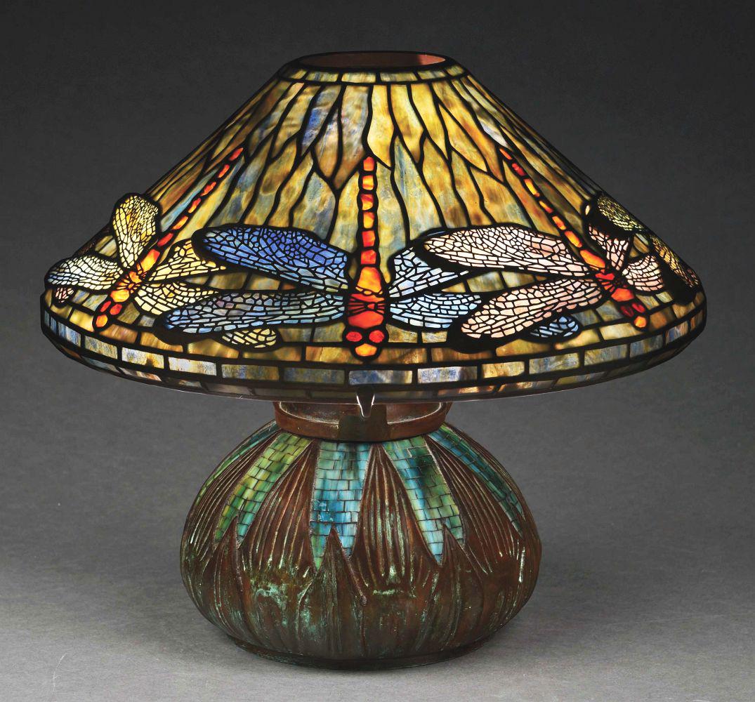 DRAGONFLY LEADED GLASS LAMP ON MOSAIC BASE IN THE STYLE OF TIFFANY STUDIOS. (1 of 8)