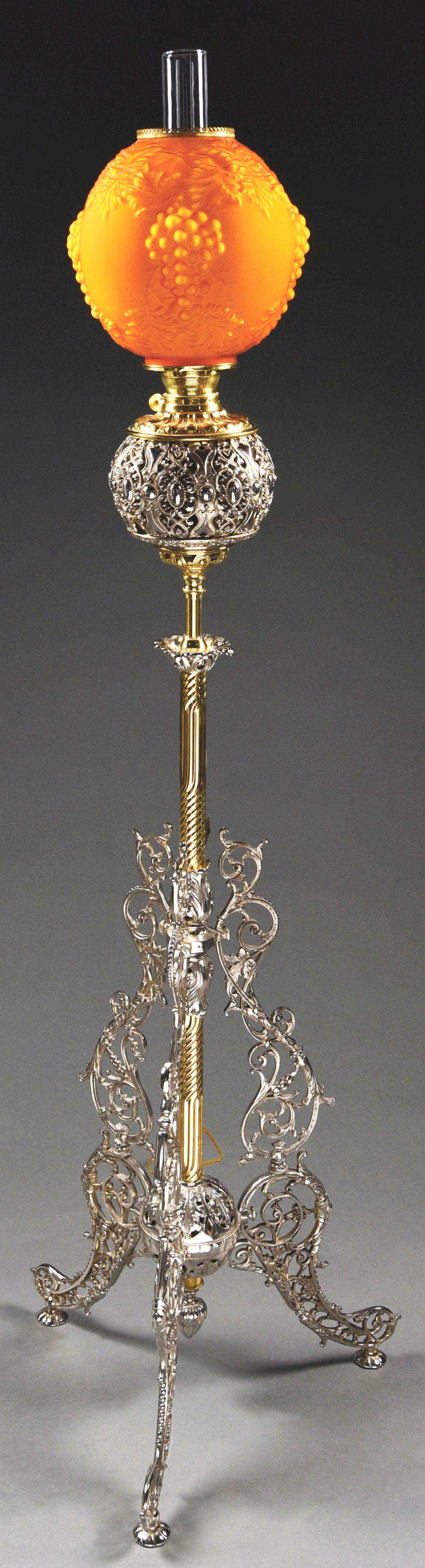 BANQUET-STYLE ELECTRIFIED OIL LAMP W/ BLOWN-OUT GLOBE SHADE. (1 of 4)