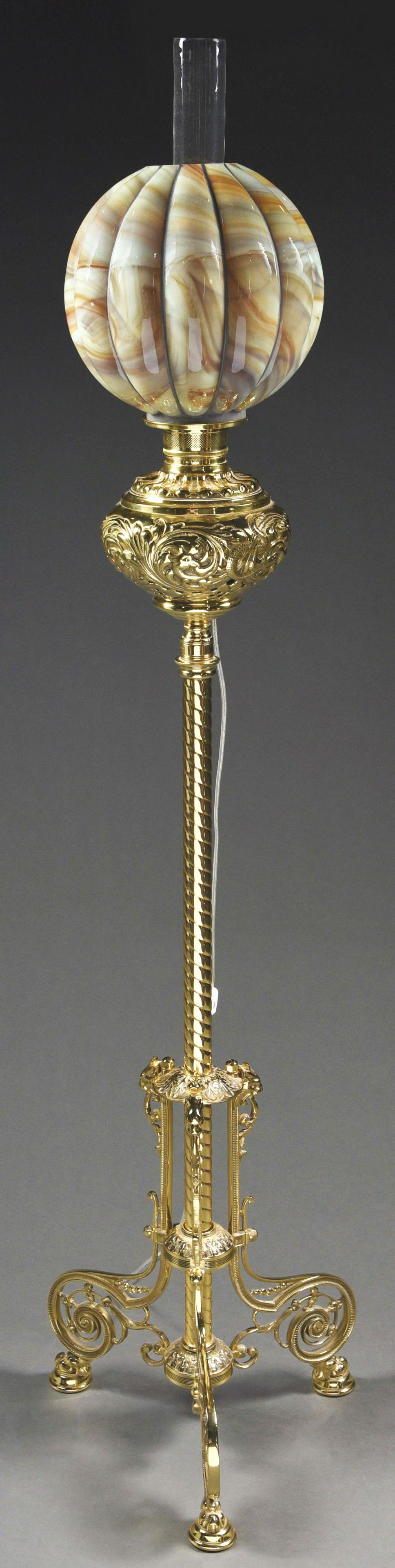 BANQUET-STYLE ELECTRIFIED OIL FLOOR LAMP W/ GLOBE. (1 of 4)