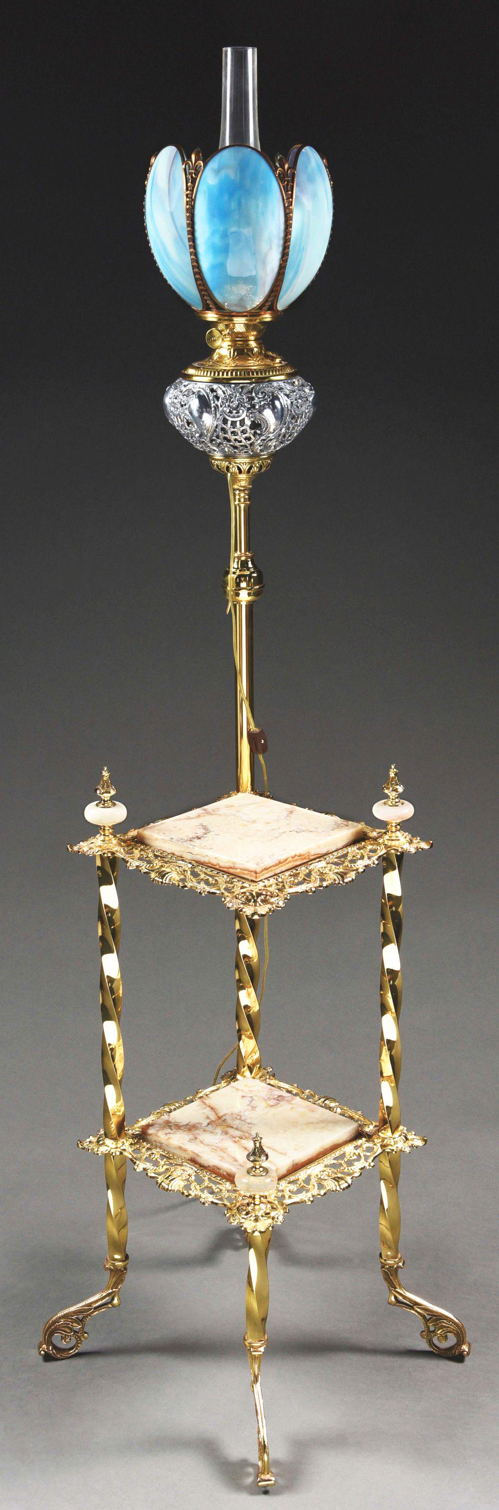 BANQUET-STYLE ELECTRIFIED OIL FLOOR LAMP W/ GLASS GLOBE. (1 of 5)