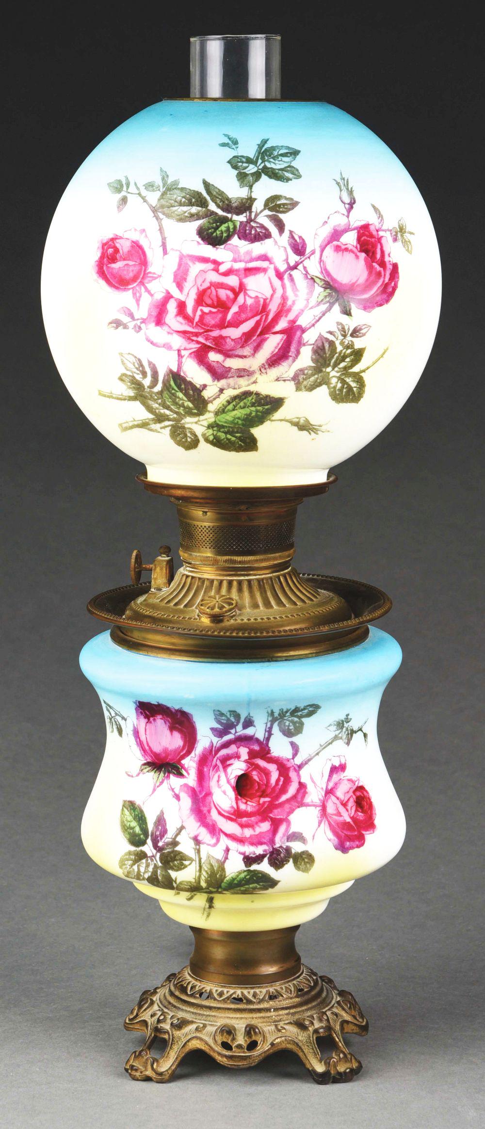 GONE WITH THE WIND-STYLE OIL LAMP W/ ROSES. (1 of 7)