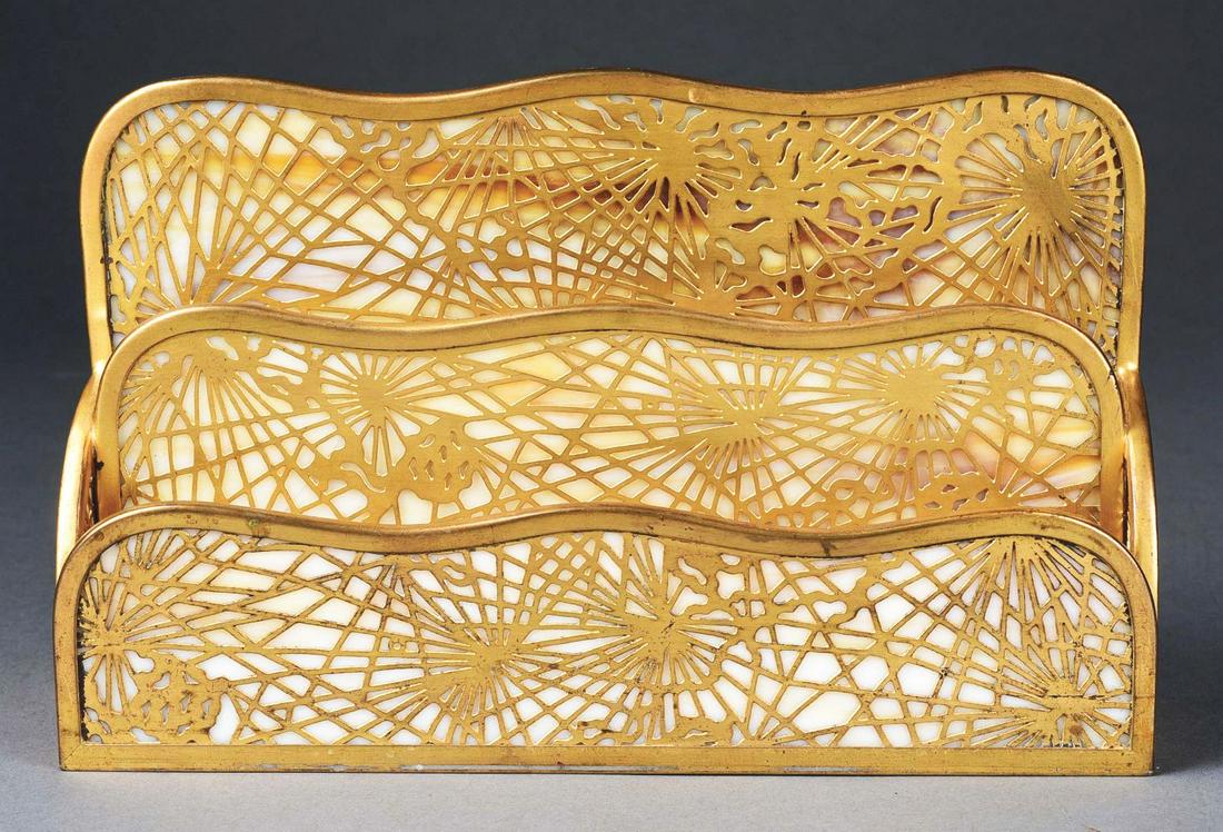 TIFFANY STUDIOS PINE NEEDLE BRONZE LETTER HOLDER. (1 of 3)