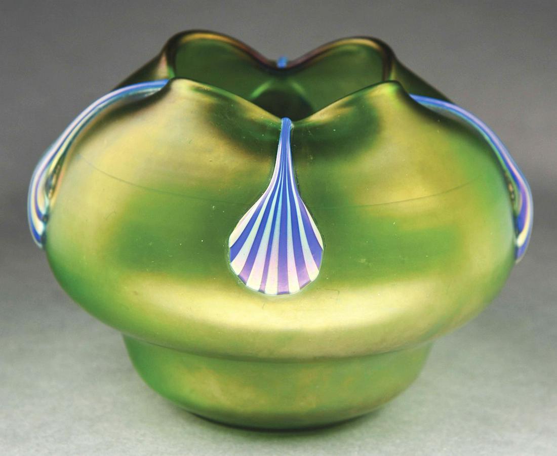 LOETZ ZEPHYR PHANOMEN ART GLASS VASE.: A beautiful art glass vase by Loetz with applied teardrops. The 4 - 1/2" tall vase has a background of soft green glass with subtle iridescence. It is further decorated with four applied glass teardro