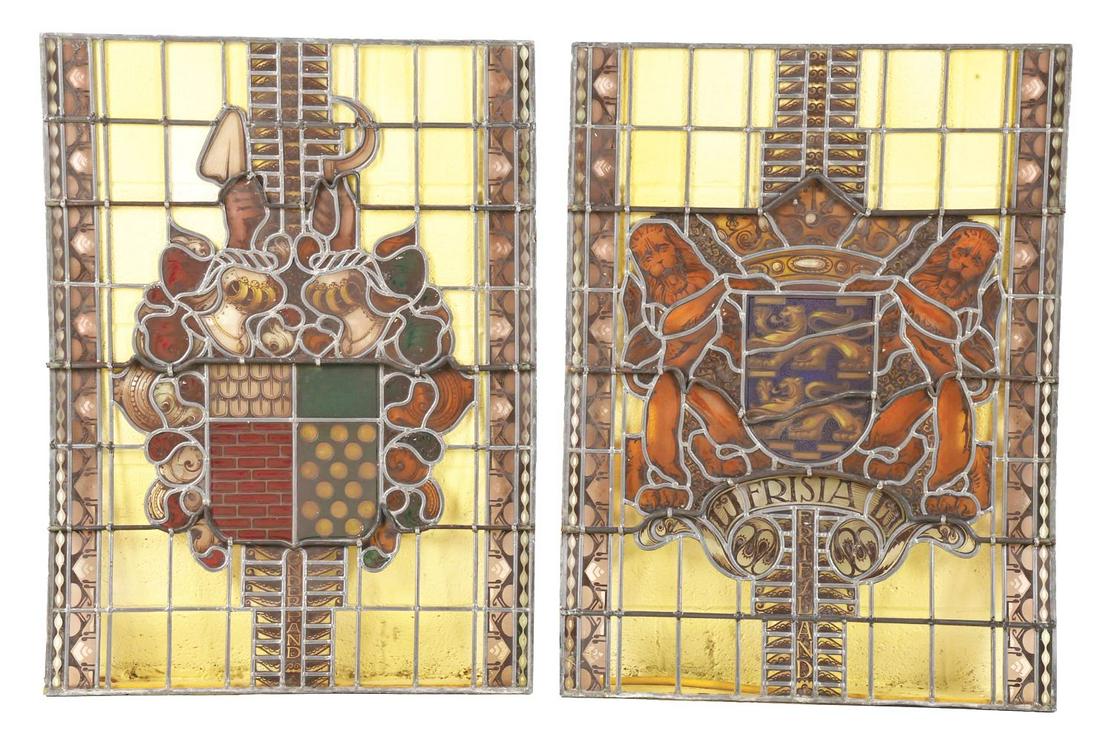 PAIR OF STAINED GLASS WINDOWS W/ CRESTS. (1 of 3)