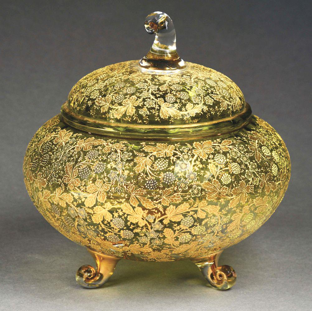 LIDDED 12” BOWL.: C. 1885. This punch bowl has gold and platinum decoration, finished with berries. Condition: Good, with minor inside lid rim nicks and 1/2” inside edge rim chip. The three feet and finial have s