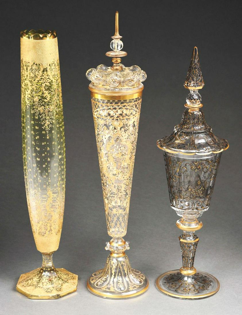 LOT OF 3: LIDDED CHALICES & TALL VASE. (1 of 6)
