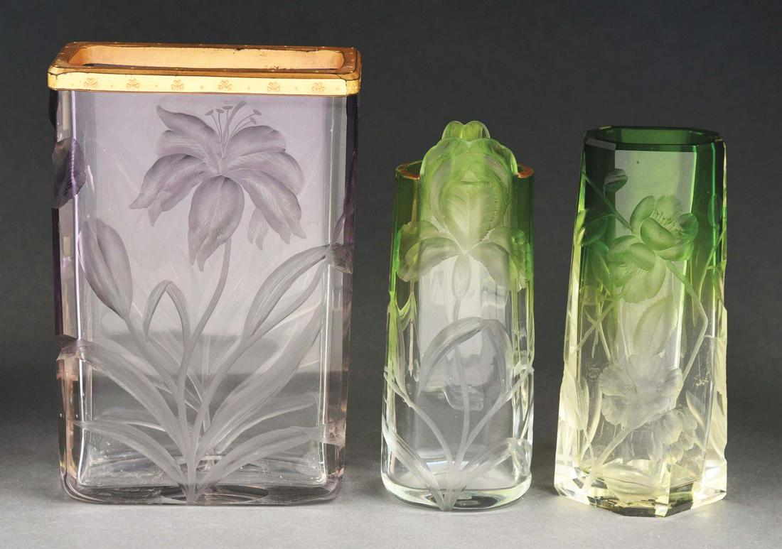 LOT OF 3: MOSER ETCHED GLASS FLORAL VASES. (1 of 5)