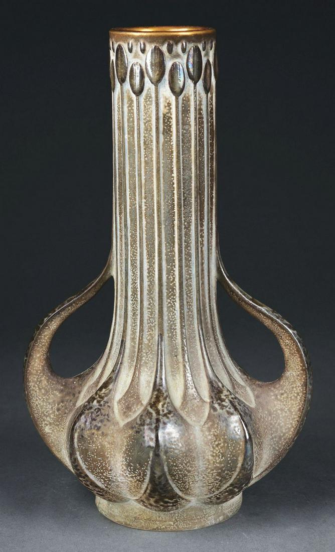 PAUL DACHSEL EARTHENWARE 2-HANDLED VASE WITH STYLIZED TULIPS. (1 of 6)