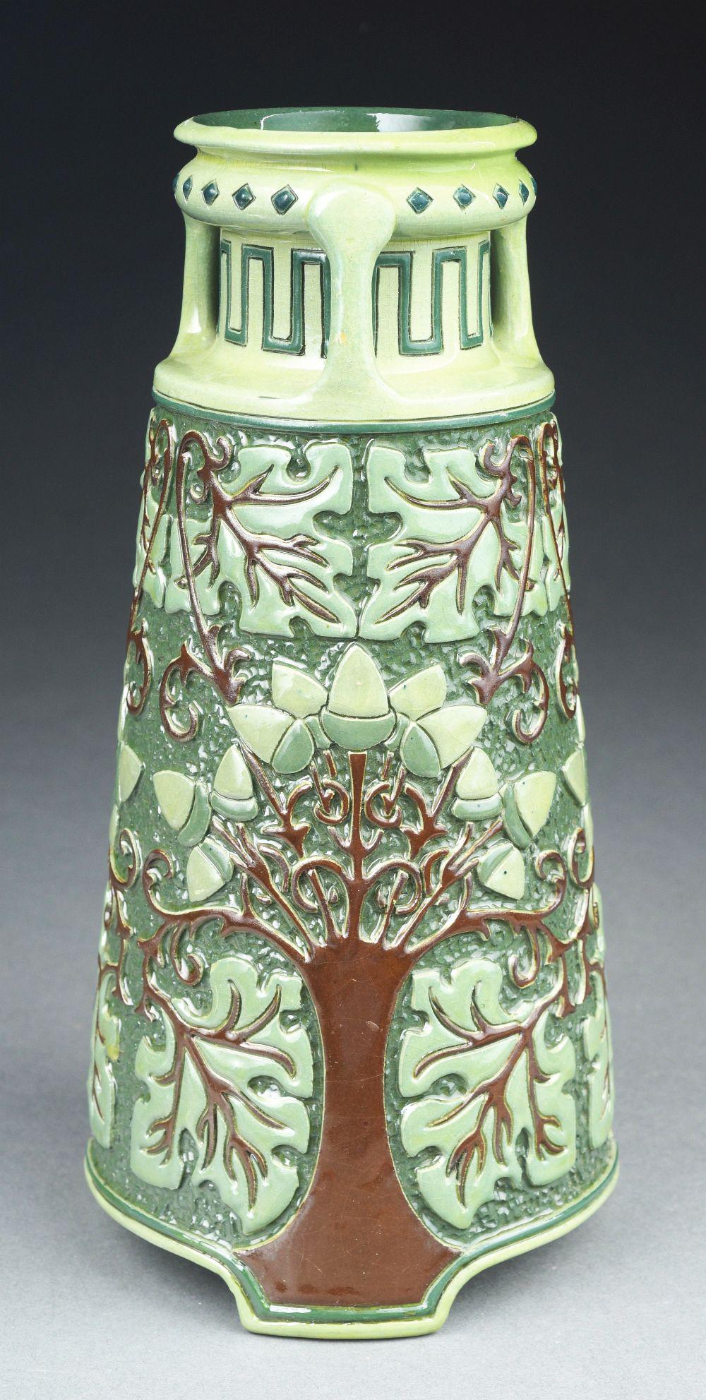 FREDERICK HURTEN RHEAD FOR ROSEVILLE POTTERY “DELLA ROBBIA” VASE WITH STYLIZED OAK (1 of 5)