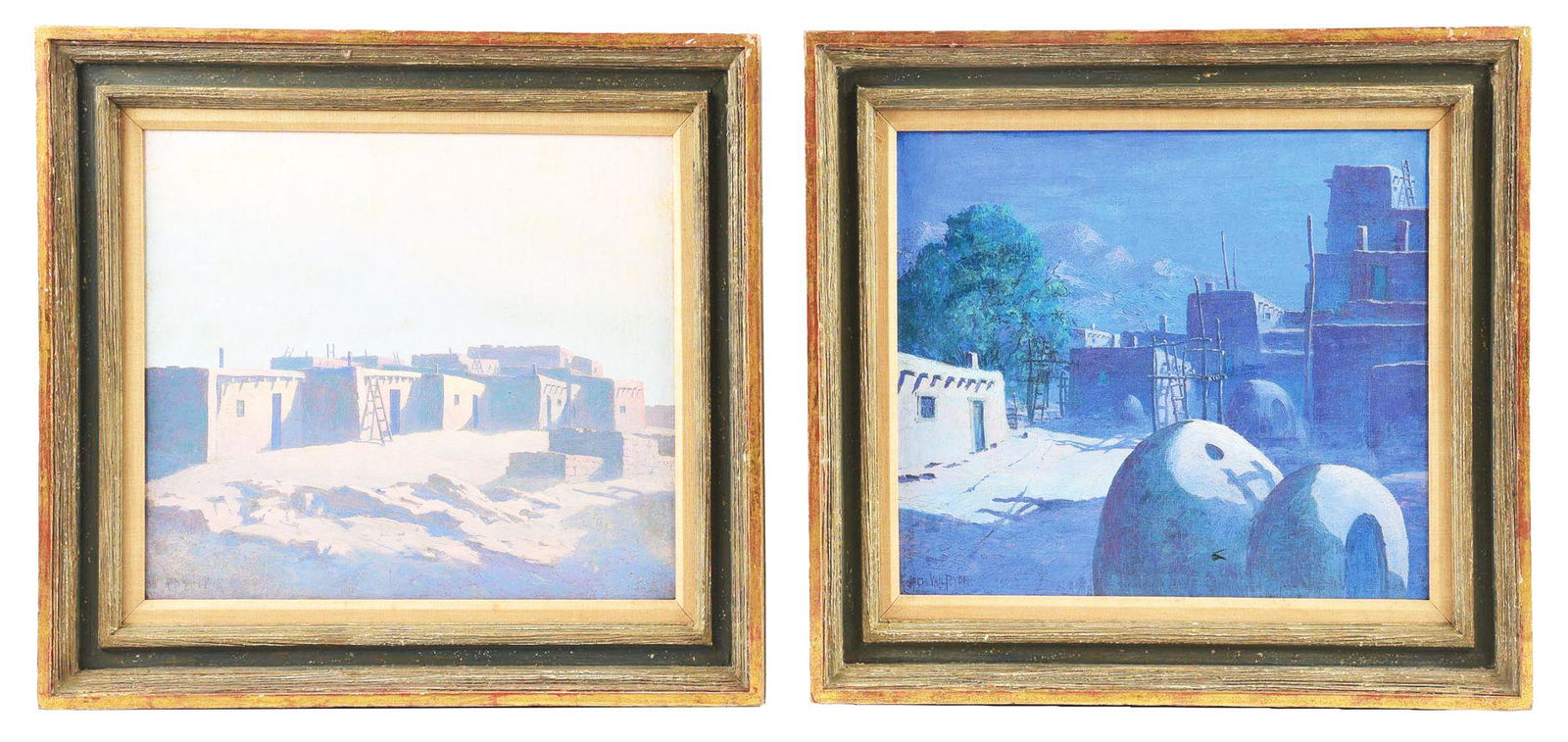 PAIR OF JACK VAN RYDER (AMERICAN, 1899 - 1967) "ADOBE VILLAGE LANDSCAPE".: Condition: Minor craquelure to both with no visible paint loss detected. Some minor age-related wear to the frames. Artist: Jack van Ryder (American, 1899 - 1967).Condition: Very Good - Excellent. See