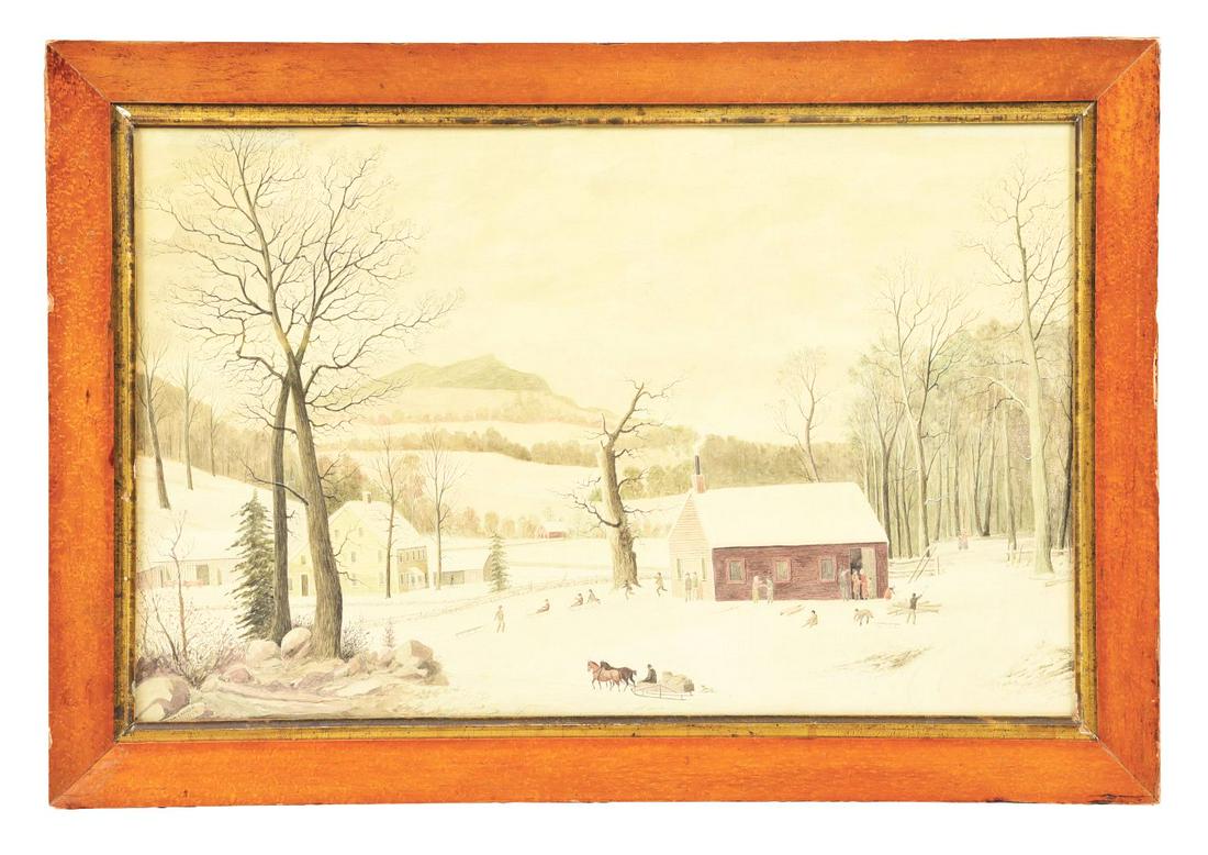 JOHN CARLIN (AMERICAN, 1813 - 1891) "COUNTRY WINTER SCENE".: Artist: John Carlin (American, 1813 - 1891).Condition: Very good, with some chipping to frame and wear to the frame and damage to brown framing paper.Created: 1874.Frame: Light tone wood frame under g